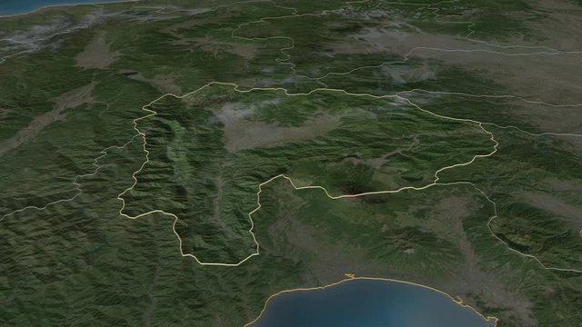 Yamanashi, prefecture with its capital, zoomed and extruded on the satellite map of Japan in the conformal Stereographic projection. Animation 3D