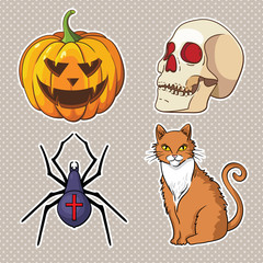 Halloween icons set: pumpkin, skull, spider, red cat.