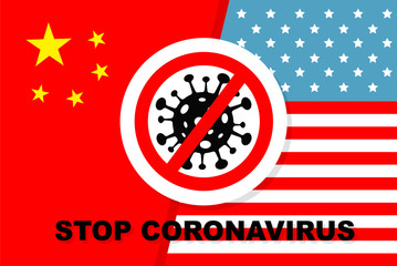 Concept of Icon of Stopping Corona Virus. China and USA flag as a concept of finding a solution to STOP caronavirus. Corona Virus . 2019-nCoV. Corona Virus in Wuhan, China, Global Spread crysis
