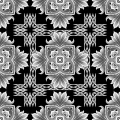 Vintage floral vector seamless pattern. Greek ornamental background. Line art tracery black and white greek key meanders ornament. Flowers, leaves, frames. Modern ornate decorative design. Wallpaper