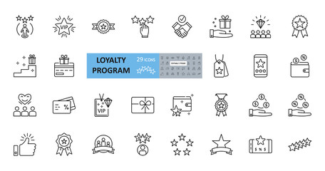 Loyalty program icons. 29 vector images in a set with editable stroke. Includes membership, reviews and likes, stars, loyalty card, percentage of discounts, gifts, diamonds, VIP status. - 328926223