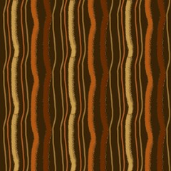 Watercolor seamless pattern of vertical curvy stripes of beige red and brown on a dark brown background...
