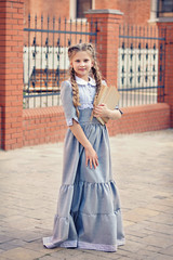Girl schoolgirl in retro dress holds a book in her hands on the background of the Lyceum