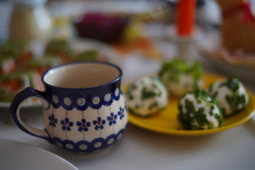 Easter table with traditional dishes and cakes