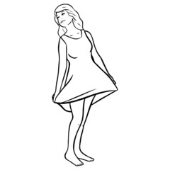 monochrome drawing of a woman holding her dress. drawing, comic.