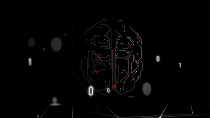 HUD brain data. Futuristic digital frame of the brain structure with red impuses inside and numbers blowing.