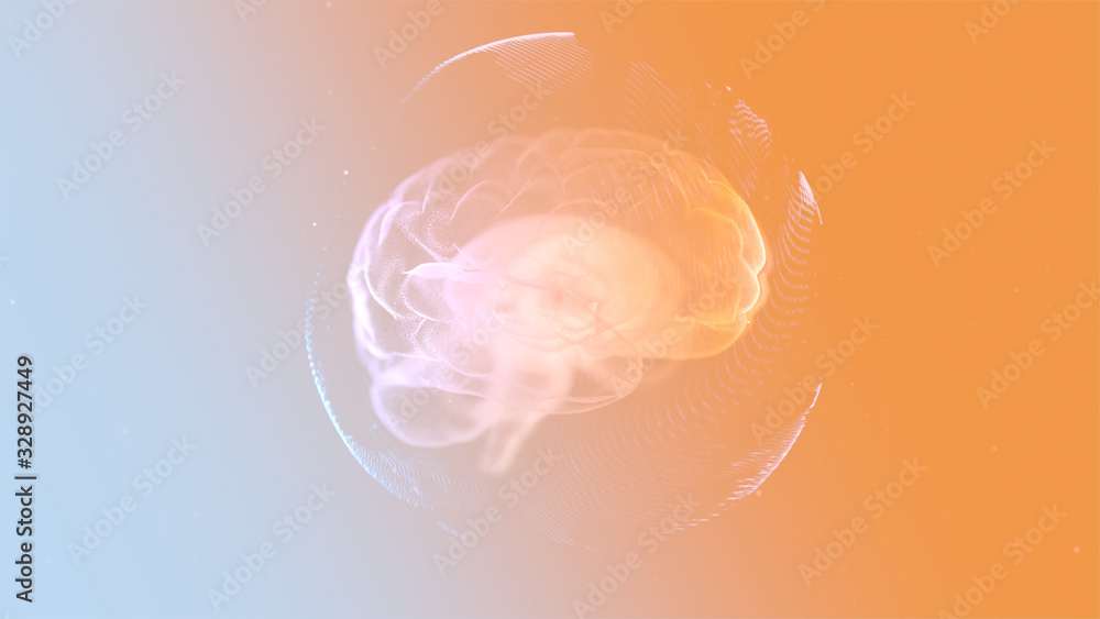 Poster intellectual property concept. 3d render animated brain inside protection sphere over orange backgro
