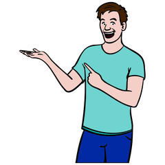 young man points to the side with both hands and laughs. blue t-shirt. isolated, comic, vector.