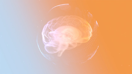 Intellectual property concept. 3d render animated brain inside protection sphere over orange background.