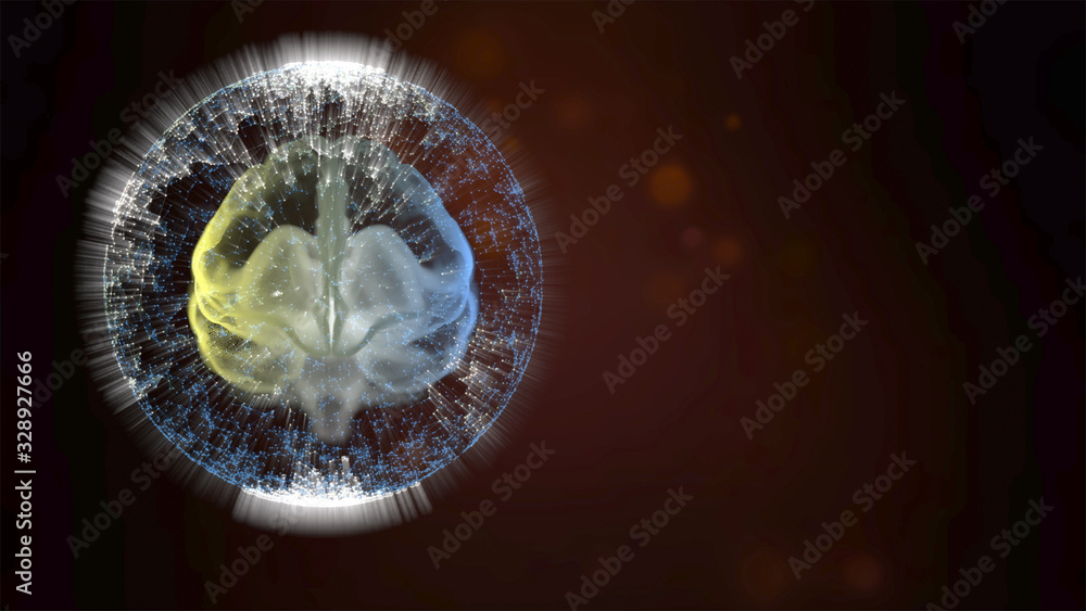 Poster illuminating brain in the process of intense learning, beaming light rays all around.