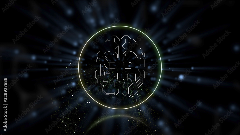 Aufkleber illuminating brain in the process of intense learning, beaming light rays all around.