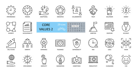 Set of icons core values. 29 vector images with editable stroke. Includes such qualities as performance, passion, diversity, exceptional, innovative, accountability, will to win, empathy, open-minded