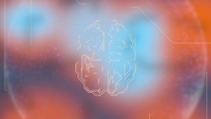 Animated 3d model of human brain over blue-red background and pulsing electrical brainwaves.