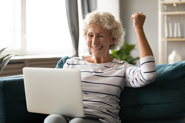 Overjoyed elderly 60s woman sit relax on couch in living room feel excited winning lottery online...