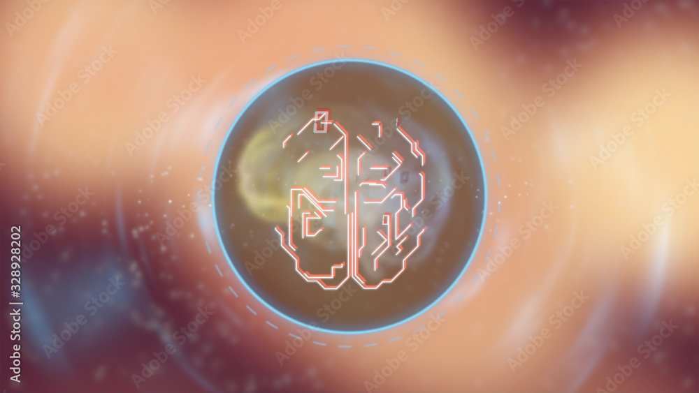Aufkleber 3d render abstract human brain attacked with data floating iside a glowing ring frame over bright de
