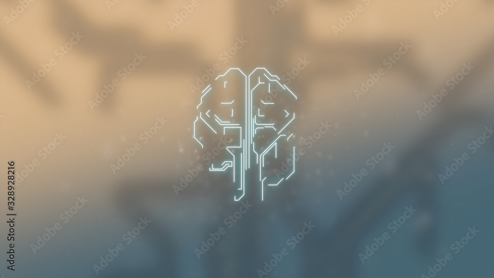 Poster animated 3d model of human brain over light blurred background and pulsing electrical brainwaves.