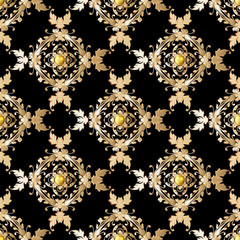 Vintage gold floral seamless pattern. Vector ornamental Damask background. Repeat ornate backdrop. Golden elegance flowers, leaves, 3d gemstones. Line art tracery modern ornament. Decorative design