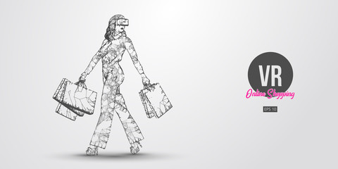 VR online shopping. Polygonal woman, girl wearing virtual reality glasses. Beautiful happy woman is walking with a shopping bags, buy a goods in one click. VR headset holographic wireframe vector