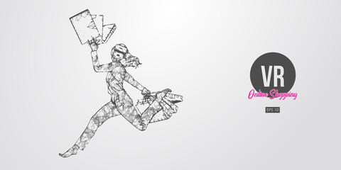 Fototapeta premium VR online shopping. Polygonal woman, girl wearing virtual reality glasses. Beautiful happy woman is jumping with a shopping bags, buy a goods in one click. VR headset holographic wireframe vector