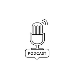 Podcast radio line icon illustration. Studio table microphone broadcast text podcast