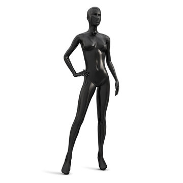 Female standing plastic mannequin of black color. Vector 3d realistic illustration isolated on white background.