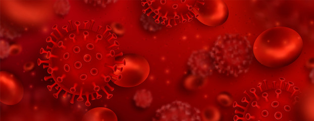 Vector influenza coronavirus background, virus 2019. 3d illustration, asian flu. Realistic bacteria, microbe infection and blood, biology banner, concept. Vector bacillus, microorganism in closeup.