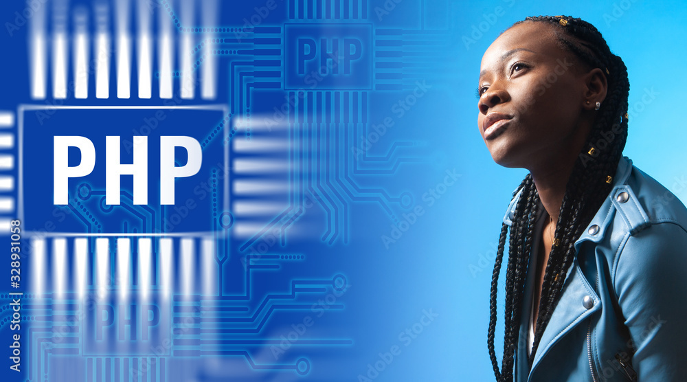 Poster php personal home page. concept - a girl dreams of becoming a php programmer. woman is looking up. a
