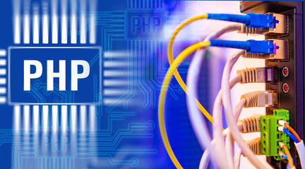 PHP. Network equipment next to the PHP logo. Built-in PHP server. Concept - website development on the Personal home page. Concept - the study of programming languages. Writing code for sites