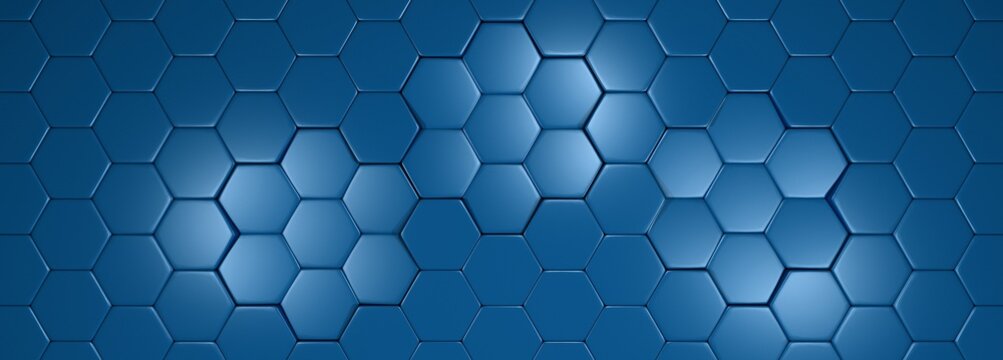szerokie tło geometryczne niebieskie metaliczny hexagon z refleksami światła. Ilustracja 3D