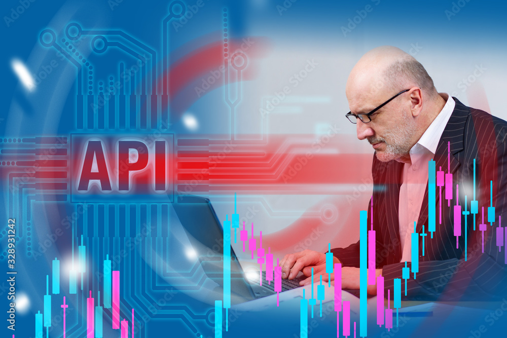 Poster a man understands the site api. connect to the server through the api. a man works with a laptop. ad