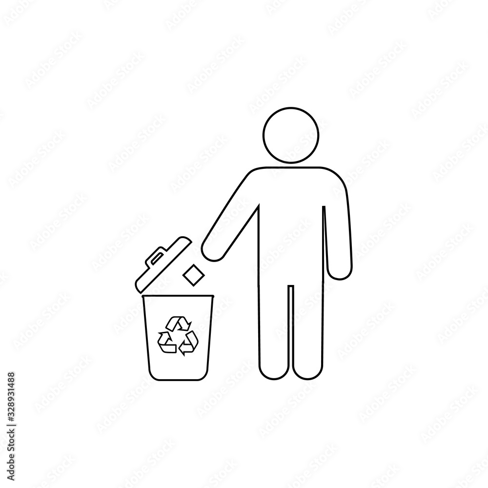 Poster man and trash bin with recycle line icon isolated on white background. vector