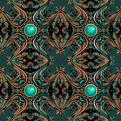 Baroque vector seamless pattern. Greek key meanders ornament. Floral Damask jewelry background. Vintage ornamental leafy design with turquoise 3d buttons, gemstones, flowers, leaves, abstract shapes