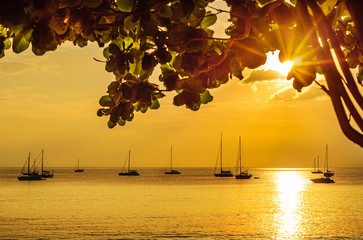 Sea sunset or sunrise with boat and colorful of sky and cloud in twilight