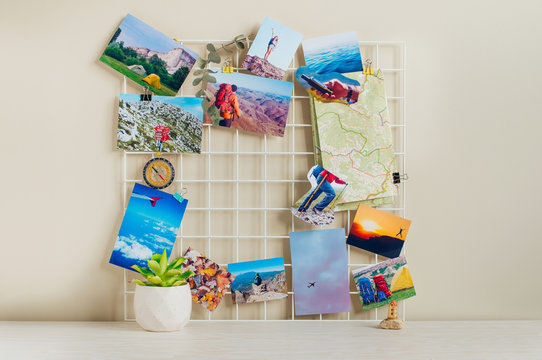 Mood board with printed photographs, map, compass on the wall near succulent