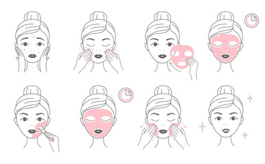 Steps how to apply facial cosmetic mask and clay mask. Line vector elements on a white background.
