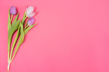 Naklejka premium Floral background with tulips flowers on pink pastel background. Flat lay, top view. Woman day background.