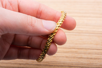 Display of dozens of golden bracelets in Turkish style