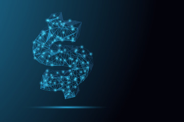 Futuristic glowing low polygonal dollar sign made of stars, lines, dots,triangles isolated on dark blue background. Online payment concept.