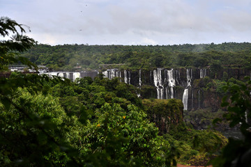 Iguazu roaring waterfalls against a jungle and gray sky