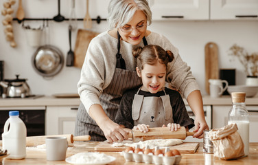 happy family grandmother and granddaughter child cook in the kitchen, knead dough, bake cookies.
