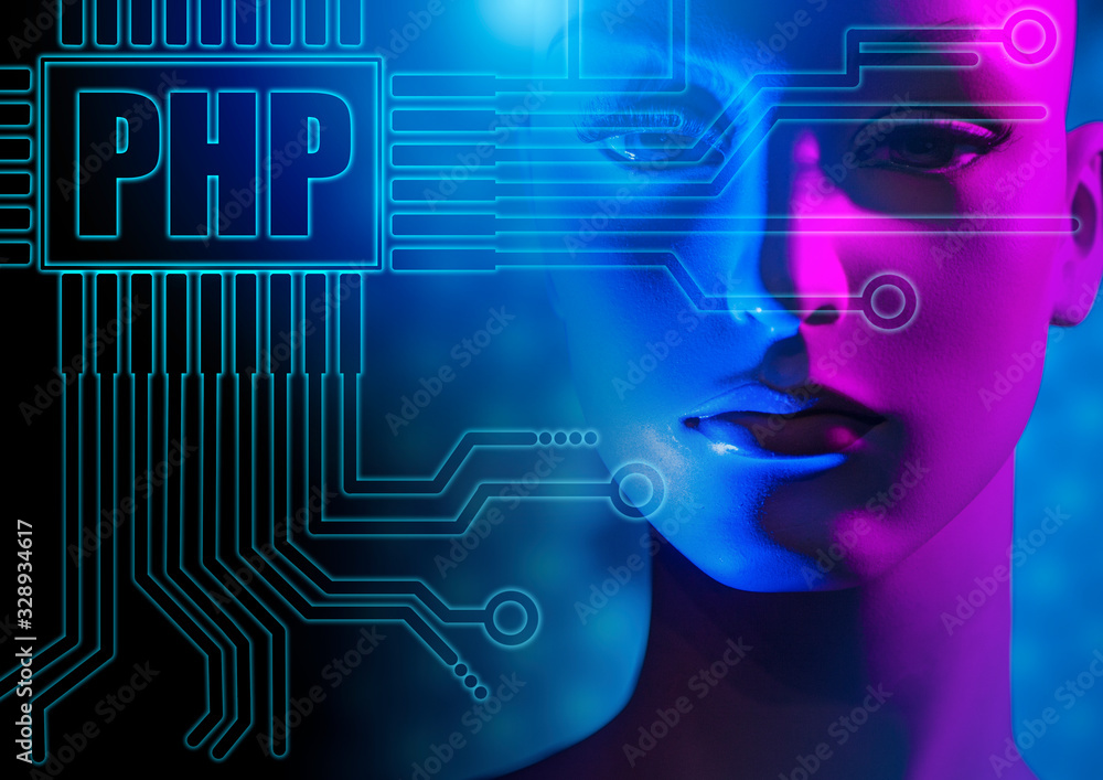 Poster personal home page. php logo on the background of the computer board. mannequin next to the programm