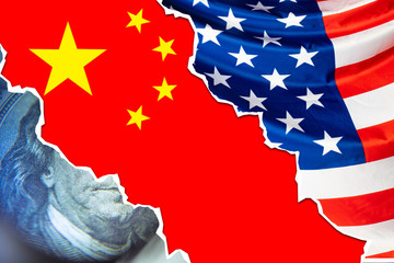 Flag of China. Rift between the symbols of the USA. Through the crack, the flag of China is visible. Concept - trade wars. The economic war between China and the United States. Competition. Crisis