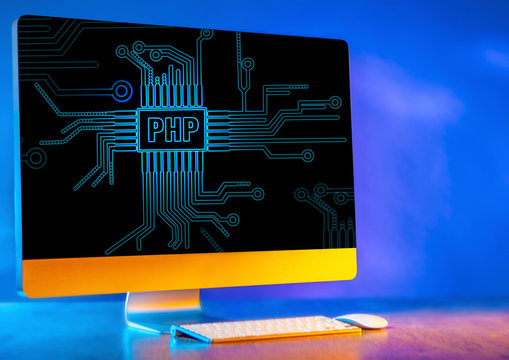 PHP Computer monitor on a blue background. The Personal Home Page logo is displayed on the monitor. Information Technology. Concept - a computer for creating sites. Obespichenie Software Developer