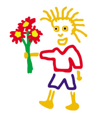 Funny cartoon drawing. Boy with a bouquet of flowers. Congratulations on the holiday. Primitivism, vector graphics.