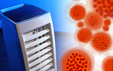 Image of a virus near the air conditioner. Concept - the spread of infection through the vent. The...