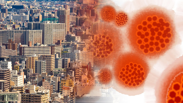 Epidemic in the city. Big city view from a quadcopter. Concept - an epidemic in the town. Spread of the virus among city dwellers. Infectious diseases. Red virus molecules on the background of town