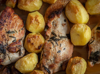 Baked chicken and potatoes in glass pan , high resolution photo