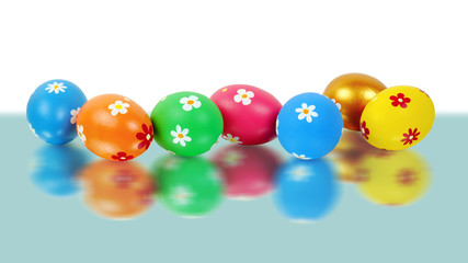Bunch of colorful Easter eggs reflected on the glass surface
