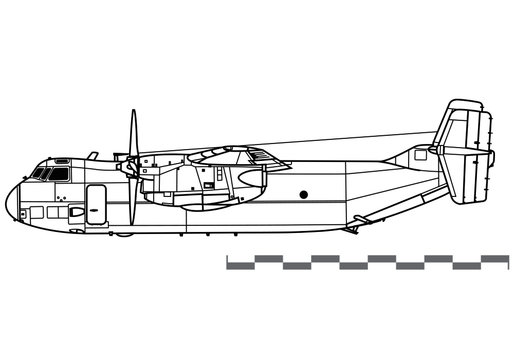 Grumman C-2 Greyhound. Vector drawing of military transport aircraft. Side view. Image for illustration.