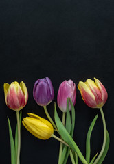 Wilted flowers tulips on black table, high resolution photo